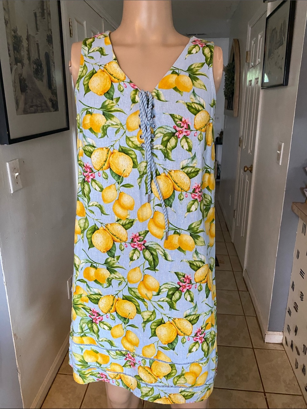 For Cynthia Light Blue Lemon Print Sleeveless Swim Cover-Up Dress gb3